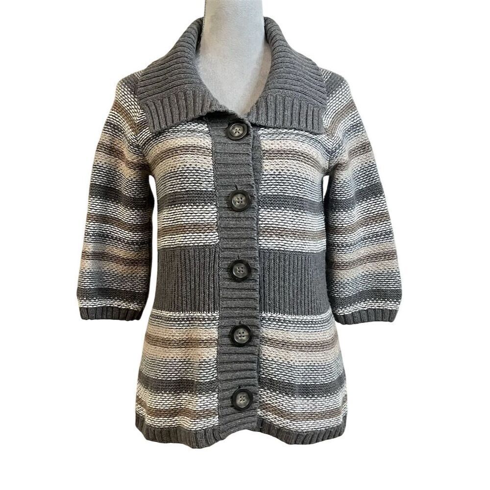 OLD NAVY Women's Gray Striped Wool Blend Cardigan Sweater S 3/4 Sleeve Cottage